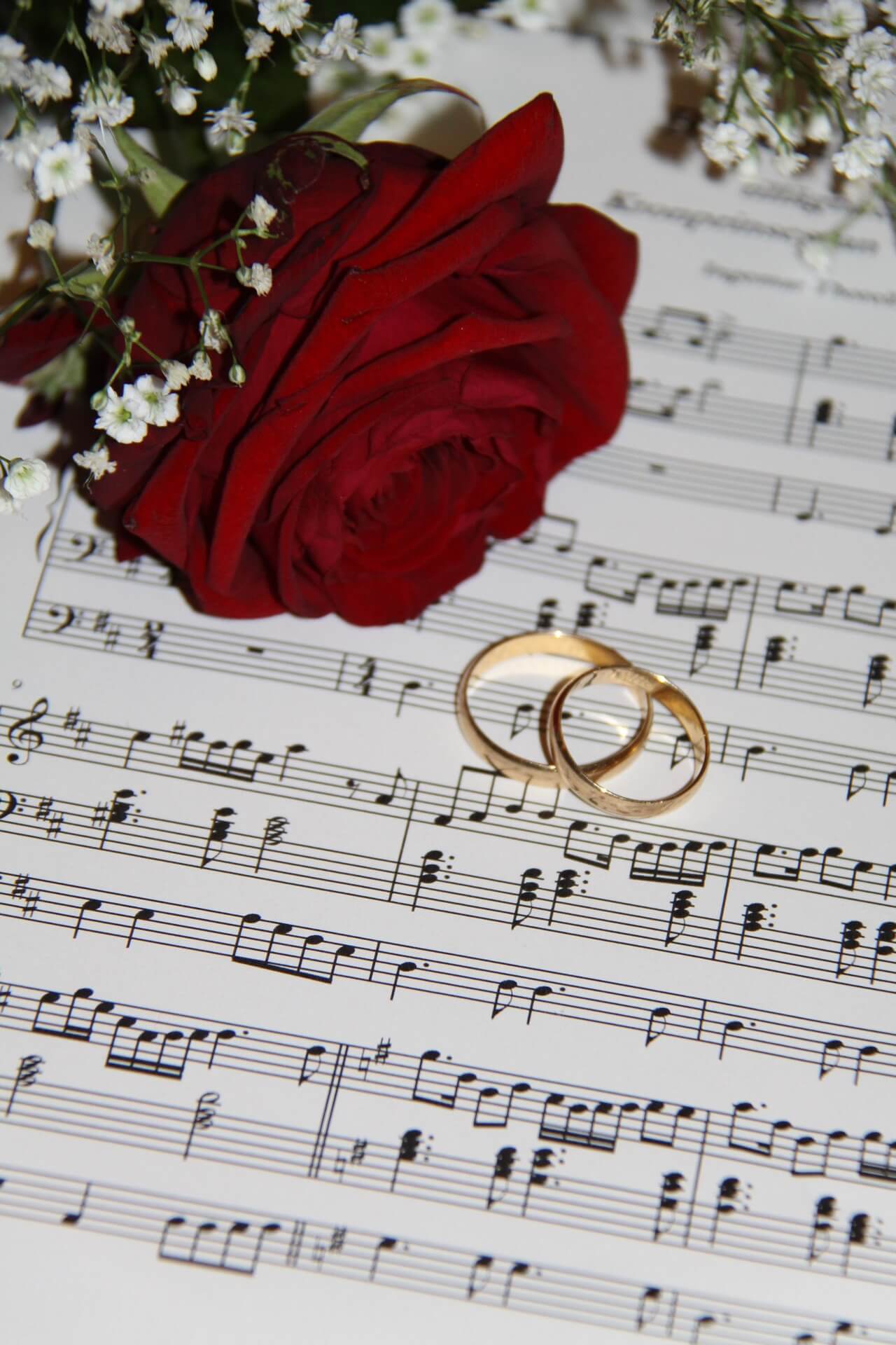 Vihkisormukset ja punainen ruusu nuottien päällä symboloimassa häämusiikkia ja romanttista juhlatunnelmaa.