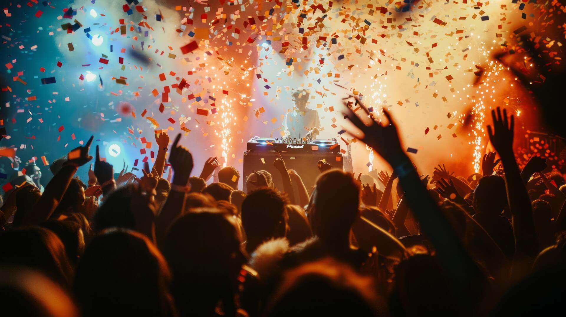 Yleisö juhlimassa livekeikalla konfettisateen ja näyttävän lavashow'n keskellä.