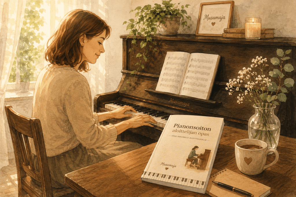 Pianonsoiton aloittelija harjoittelee pianon ääressä lämpimässä ja kodikkaassa ympäristössä.