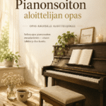 Musamajan Pianonsoiton aloittelijan opas -kansikuva. Lämmin ja kodikas pianonurkkaus, jossa tumma pystypiano seisoo ikkunan vieressä aamunvalossa. Pianon päällä on viherkasveja, kynttilä ja avoin nuottikirja. Etualalla pöydällä on kahvikuppi, muistikirja ja kynä. Kannessa lukee Pianonsoiton aloittelijan opas – Opas aikuisille aloittelijoille. Tunnelma on rauhallinen, kutsuva ja innostaa aloittamaan pianonsoiton.