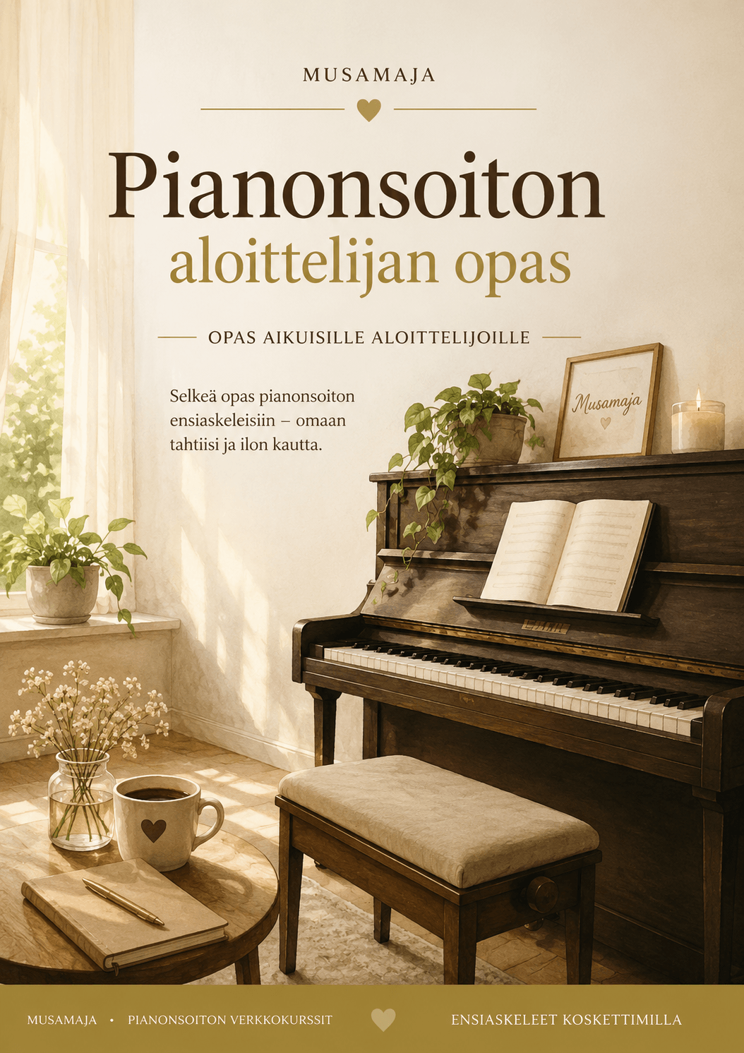 Musamajan Pianonsoiton aloittelijan opas -kansikuva. Lämmin ja kodikas pianonurkkaus, jossa tumma pystypiano seisoo ikkunan vieressä aamunvalossa. Pianon päällä on viherkasveja, kynttilä ja avoin nuottikirja. Etualalla pöydällä on kahvikuppi, muistikirja ja kynä. Kannessa lukee Pianonsoiton aloittelijan opas – Opas aikuisille aloittelijoille. Tunnelma on rauhallinen, kutsuva ja innostaa aloittamaan pianonsoiton.